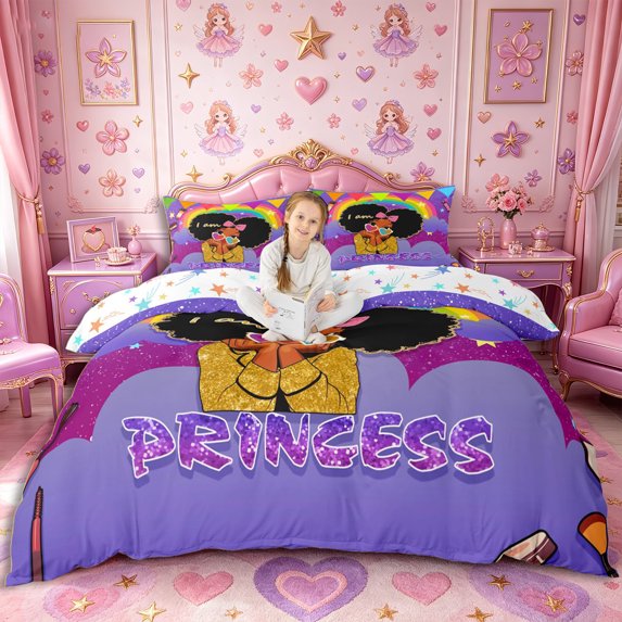 Castle Fairy Glam Princess Duvet Cover Queen,Rainbow Glitter Print Queen Bedding,Purple Black,1 Duvet Cover and 2 Pillowcases