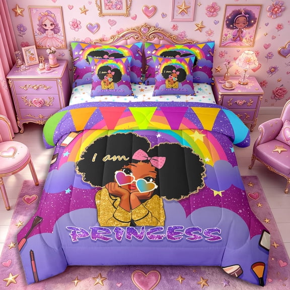 Castle Fairy Glam Princess Twin Bedding 7-Piece,Rainbow Glitter Print Bedding Comforter Set,Purple Black