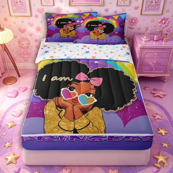 Castle Fairy Glam Princess Zipper Full Size Comforter Sets with Fitted Sheet and 2 Pillowcases,Rainbow Glitter Print Zipper Bedding Set,Purple Black,4pcs