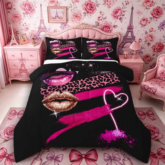 Castle Fairy Glam Print Full Size Comforter Sets 3-Piece,Lipstick Leopard Pattern Bedding Comforter Set,Pink Black,Black Reversible,1 Comforter and 2 Pillowcases