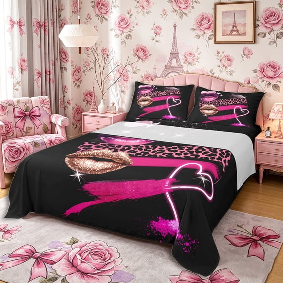 Castle Fairy Glam Print King Sheets 4pcs,Lipstick Leopard Pattern Bedding,Pink Black,1 Fitted Sheet, 1 Flat Sheet and 2 Pillowcases