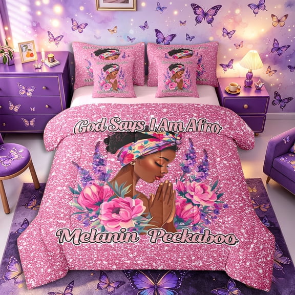 Castle Fairy Glamorous Afro Woman Queen Bedding 7pcs,Glitter Pink Lavender Flower Bedding Comforter Set Queen,Pink Purple,Pink Reversible