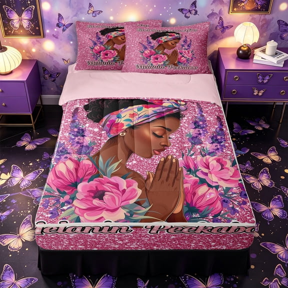 Castle Fairy Glamorous Afro Woman Zipper Twin Comforter Sets with Fitted Sheet and 2 Pillowcases,Glitter Pink Lavender Flower Zipper Bedding Set,Pink Purple,Pink Reversible,4-Piece