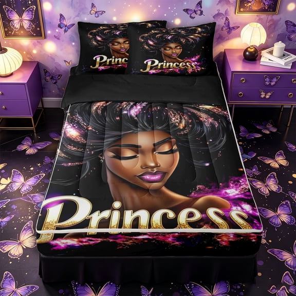 Castle Fairy Glamorous Black Girl Zipper Full Size Comforter Sets with Fitted Sheet and 2 Pillowcases,Dreamy Princess Zipper Bedding Set,Gold Purple,Black Reversible,4pcs