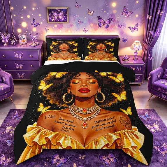 Castle Fairy Glamorous Lady With Golden Butterflies Queen Comforter Set 3 Pieces,Romantic Black Girl Comforter Sets Queen,Black Gold Red,Black Reversible,1 Comforter and 2 Pillowcases