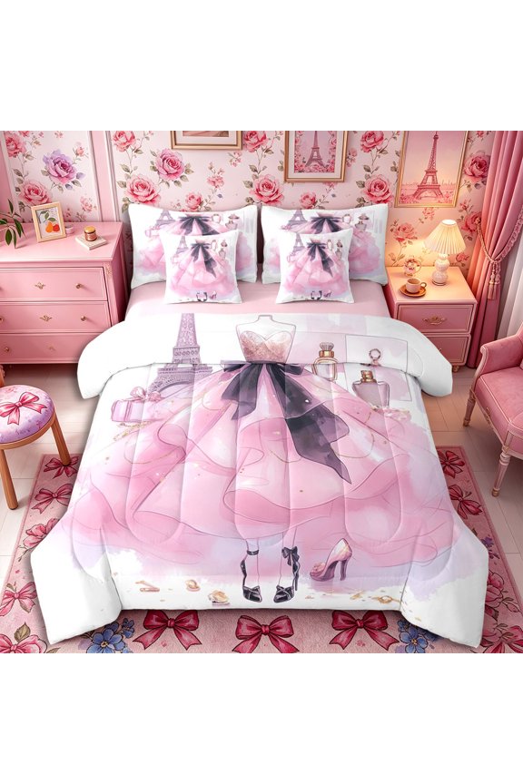 Glamorous Ruffled Dress Full Size Bedding Sets 7 Pieces for Teens,Watercolor Eiffel Tower Perfume Full Size Bed in a Bag,Black Gold,Pink Reversible