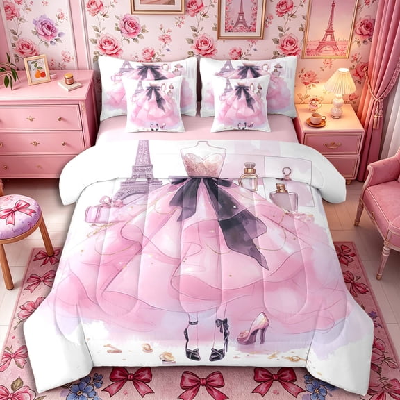 Castle Fairy Glamorous Ruffled Dress Twin Size Bedding 7-Piece for Teens,Watercolor Eiffel Tower Perfume Bedding Comforter Set,Black Gold,Pink Reversible