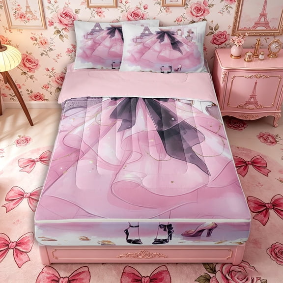 Castle Fairy Glamorous Ruffled Dress Zipper Twin Comforter Sets with Fitted Sheet and 2 Pillowcases,Watercolor Eiffel Tower Perfume Zipper Bedding Set,Pink Black Gold,Pink Reversible,4-Piece