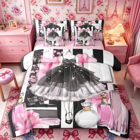 Castle Fairy Glamorous Sparkle Dress Queen Bedding 7pcs,Watercolor Pink Flower Perfume Bedding Comforter Set Queen,Black White Pink,Pink Reversible