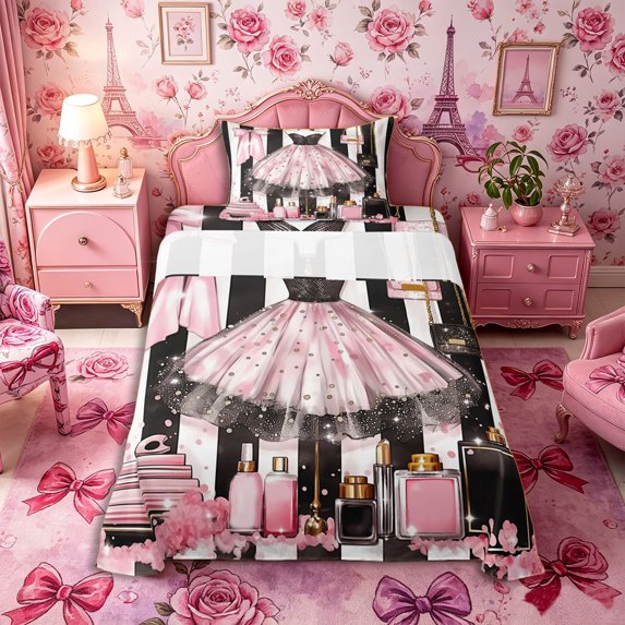 Castle Fairy Glamorous Tulle Dress Twin Sheets 3pcs,Sparkly Bow Handbag Bedding,Black White Pink Gold,1 Fitted Sheet, 1 Flat Sheet and 1 Pillowcase