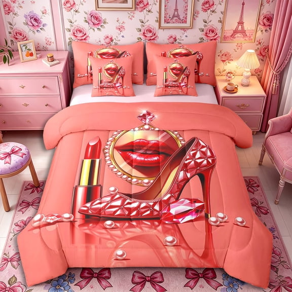 Castle Fairy Glamour Lipstick Full Size Bedding Sets 7 Pieces,Chic Heels Full Size Bed in a Bag,Coral Red,Pink Reversible