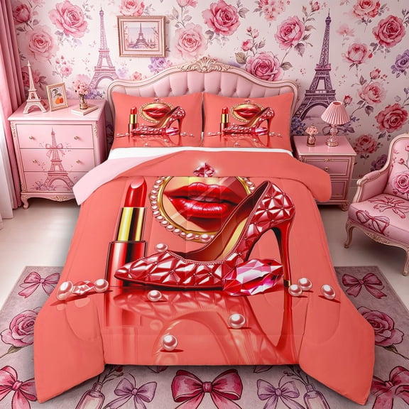 Castle Fairy Glamour Lipstick Full Size Comforter Sets 3-Piece,Chic Heels Bedding Comforter Set,Coral Red,Pink Reversible,1 Comforter and 2 Pillowcases