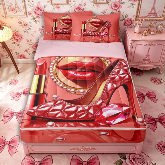 Castle Fairy Glamour Lipstick Zipper Twin Comforter Sets with Fitted Sheet and 2 Pillowcases,Chic Heels Zipper Bedding Set,Coral Red,Pink Reversible,4-Piece