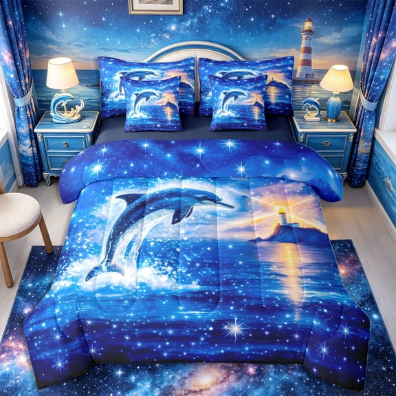 Castle Fairy Glitter Cosmic Dolphin Queen Bedding 7pcs,Twilight Cliff Lighthouse Print Bedding Comforter Set Queen,Indigo Gold,Navy Blue Reversible