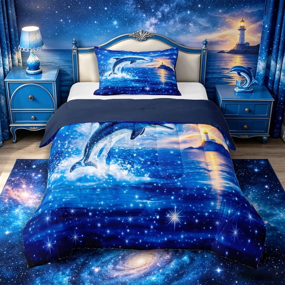 Castle Fairy Glitter Cosmic Dolphin Twin Comforter Sets 2pcs,Twilight Cliff Lighthouse Print Bedding Set,Indigo Gold,Navy Blue Reversible,1 Comforter and 1 Pillowcase