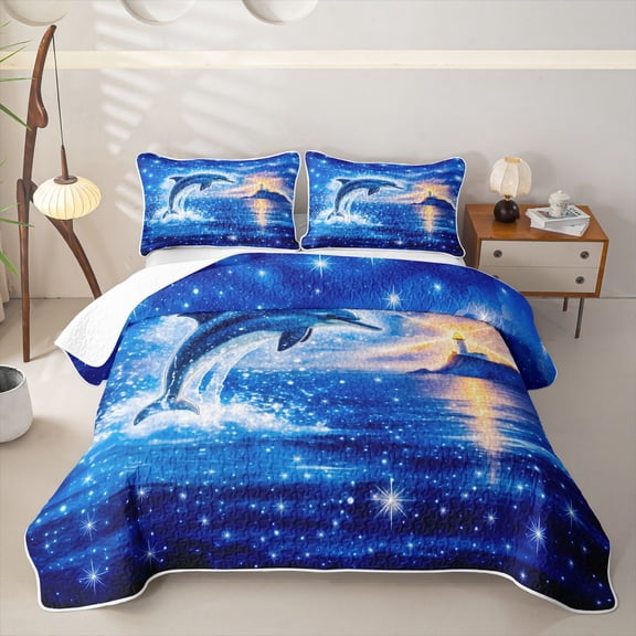 Castle Fairy Glitter Cosmic Dolphin Twin Quilt Set,Twilight Cliff Lighthouse Print Twin Coverlet Set,Indigo Gold