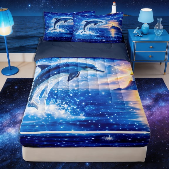 Castle Fairy Glitter Cosmic Dolphin Zipper Queen Comforter Set with Fitted Sheet and 2 Pillowcases,Twilight Cliff Lighthouse Print Zipper Bedding Set,Indigo Gold,Navy Blue Reversible,4 Pieces