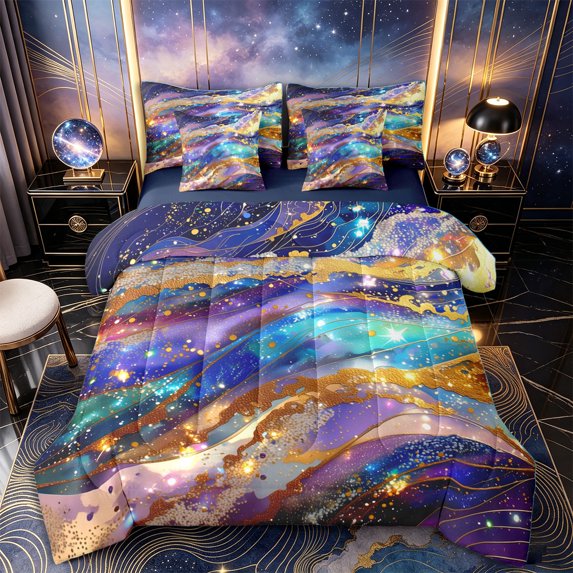 Castle Fairy Glitter Gold Foil Galaxy Wave 7-Piece Twin Bedding,Sparkly Nebula Alcohol Ink Graphic Bedding Comforter Set,Purple Cyan,Navy Blue Reversible