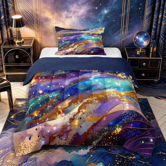 Castle Fairy Glitter Gold Foil Galaxy Wave Twin Comforter Sets 2pcs,Sparkly Nebula Alcohol Ink Graphic Bedding Set,Purple Cyan,Navy Blue Reversible,1 Comforter and 1 Pillowcase
