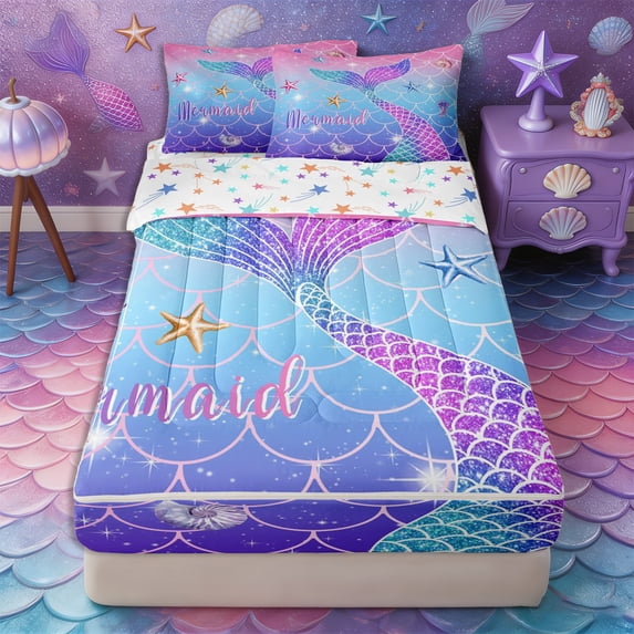 Castle Fairy Glitter Mermaid Tail Tile Zipper Full Size Comforter Sets with Fitted Sheet and 2 Pillowcases,Starfish Shell Pastel Scale Seamless Print Zipper Bedding Set,Reversible,4pcs