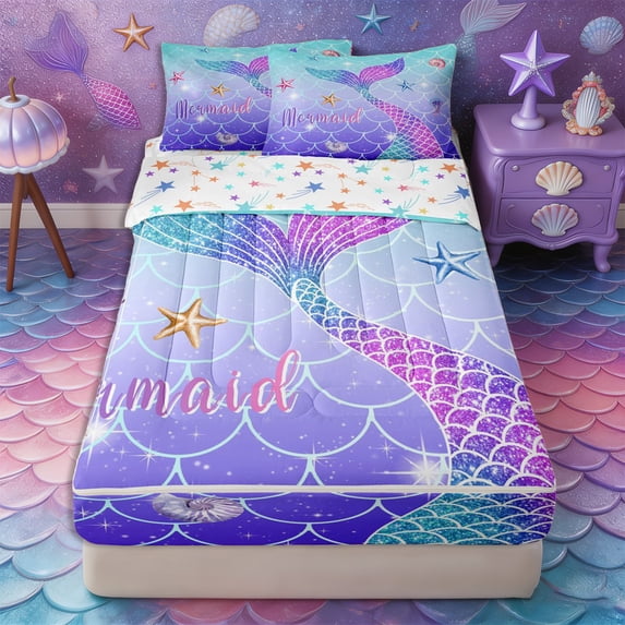 Castle Fairy Glitter Mermaid Tail Tile Zipper Twin Comforter Sets with Fitted Sheet and 2 Pillowcases,Starfish Shell Pastel Scale Seamless Print Zipper Bedding Set,Sky Lavender,Reversible,4-Piece