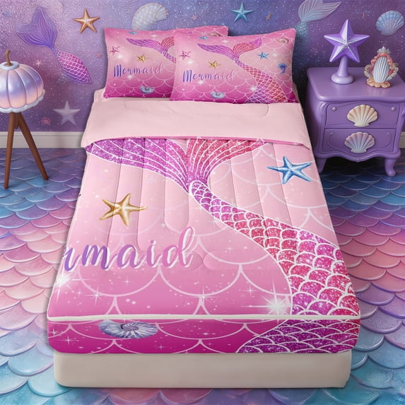 Castle Fairy Glitter Mermaid Tail Tile Zipper Twin Comforter Sets with Fitted Sheet and 2 Pillowcases,Starfish Shell Pastel Scale Seamless Print Zipper Bedding Set,Hot Pink,Pink Reversible,4-Piece