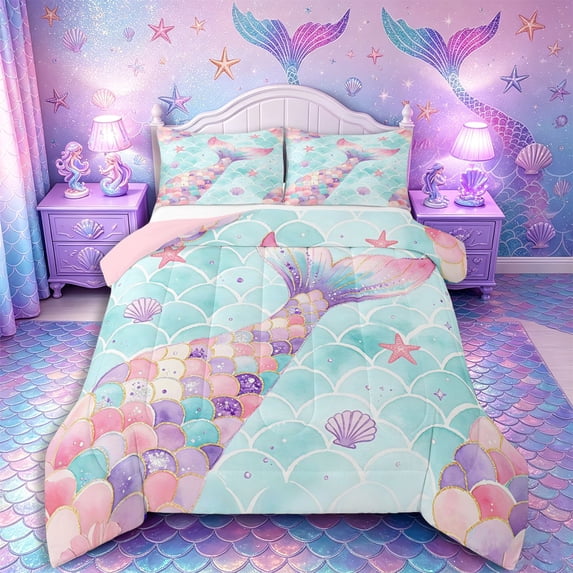 Castle Fairy Glitter Watercolor Mermaid Tail Full Size Comforter Sets 3-Piece,Pastel Shell Starfish Print Bedding Comforter Set,Pink Aqua,Pink Reversible,1 Comforter and 2 Pillowcases