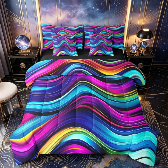 Castle Fairy Glossy Layered Neon Wave 7-Piece Twin Bedding,Horizontal Swirl Vibrant Fluid Pattern Bedding Comforter Set,Cyan Magenta,Black Reversible