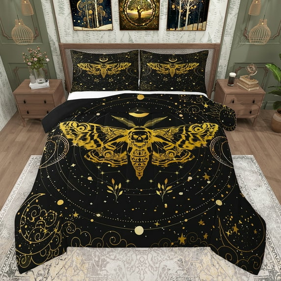 Castle Fairy Gold Animal Moth 3 Pieces Queen Comforter Set for Kids Teens Adults,Glitter Stars Print Ultra Soft Bedding Sets,Bohemian Exotic Style Bedding Comforter Set Breathable
