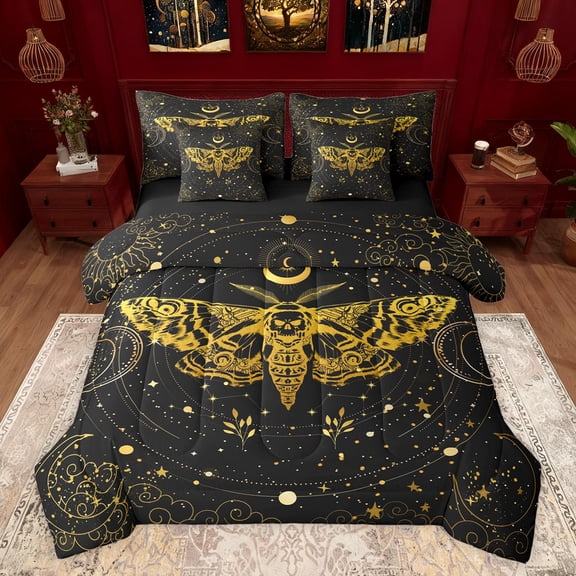 Castle Fairy Gold Animal Moth Twin Bedding Sets 7-Piece for Kids Teens Adults,Glitter Stars Print Bedding Comforter Set Microfiber,Bohemian Exotic Style Breathable Sheet Sets,Ultra Soft Home Decor