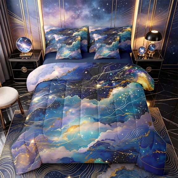 Castle Fairy Gold Foil Cosmic Wave 7-Piece Twin Bedding,Starry Ink Wash Galaxy Texture Bedding Comforter Set,Navy Gold,Navy Blue Reversible