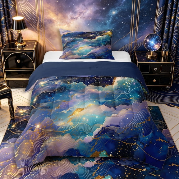 Castle Fairy Gold Foil Cosmic Wave Twin Comforter Sets 2pcs,Starry Ink Wash Galaxy Texture Bedding Set,Navy Gold,Navy Blue Reversible,1 Comforter and 1 Pillowcase