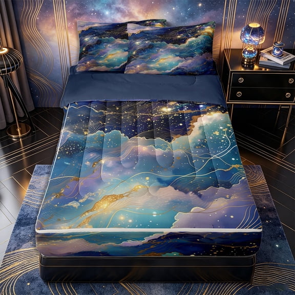 Castle Fairy Gold Foil Cosmic Wave Zipper Queen Comforter Set with Fitted Sheet and 2 Pillowcases,Starry Ink Wash Galaxy Texture Zipper Bedding Set,Navy Gold,Navy Blue Reversible,4 Pieces