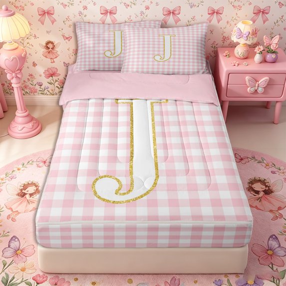 Castle Fairy Gold Letter J Zipper Full Size Comforter Sets with Fitted Sheet and 2 Pillowcases for Girls,Geometric Plaid Zipper Bedding Set,4pcs,Reversible