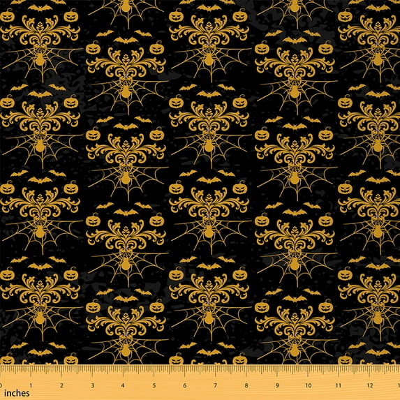 Castle Fairy Golden Pumpkin Fabric by the Yard 1 Yard for Teenagers,Bohemian Damask Home Decor Fabric by the Yard,Happy Halloween Room Decor Fabric by the Yard,Luxury Bedroom Decor