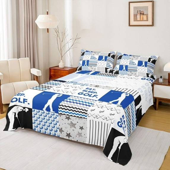 Castle Fairy Golf Game Boy Girl Full Size Sheets 4-Piece,Sport Gamer Breathable Bed Sheets,Abstract Plaid Stripes Lightweight Sheet Sets,Luxury Bedroom Decor