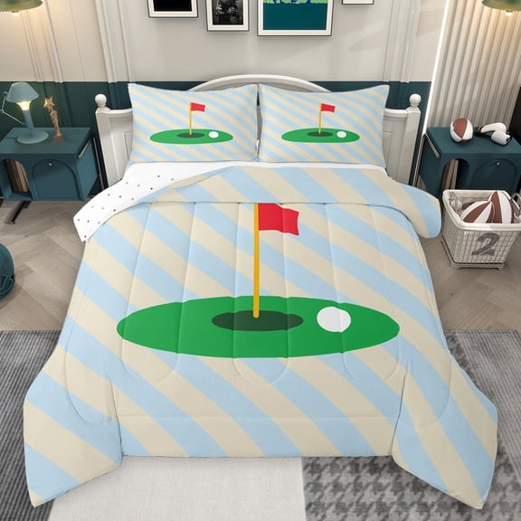 Castle Fairy Golf Gamer 3 Pieces Queen Comforter Set for Kids Teens,Sport Game Ultra Soft Bedding Sets,Abstract Geometric Stripes Bedding Comforter Set Breathable,Breathable Home Decor,Reversible