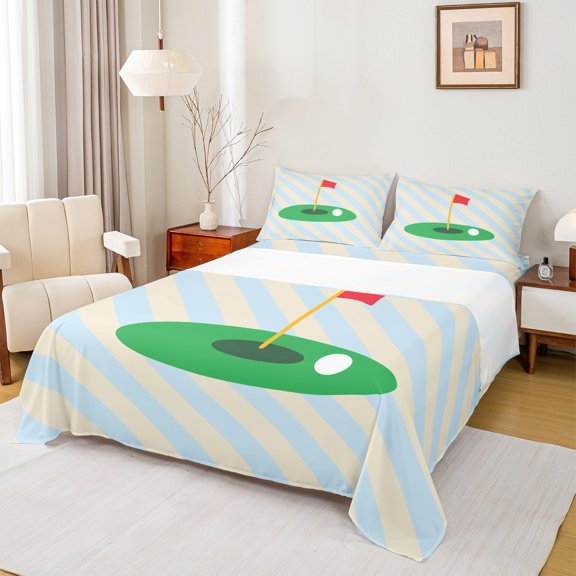 Castle Fairy Golf Gamer Twin Sheet Sets 3pcs for Kids Teens,Sport Game Twin Fitted Sheet Microfiber,Abstract Geometric Stripes Breathable Flat Sheet,Breathable Home Decor