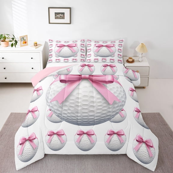 Castle Fairy Golf Print Queen Comforter Set for Boys Girls,Pink Bow Bedding Comforter Set