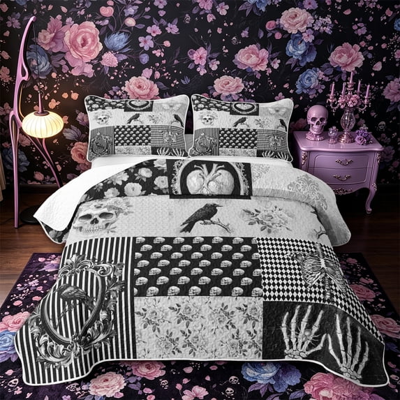 Castle Fairy Goth Collage Twin Quilt Set,Crow Rose Skeleton Butterfly Twin Coverlet Set,Gray Black
