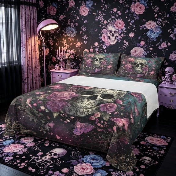 Castle Fairy Goth Damask Skull Queen Sheets 4 Pieces,Floral Peony Butterfly Stars Print Queen Sheet Sets,Teal Black,1 Fitted Sheet,1 Flat Sheet and 2 Pillowcases