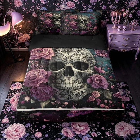 Castle Fairy Goth Damask Skull Zipper Queen Comforter Set with Fitted Sheet and 2 Pillowcases,Floral Peony Butterfly Stars Print Zipper Bedding Set,Teal Black,4 Pieces,Black Reversible