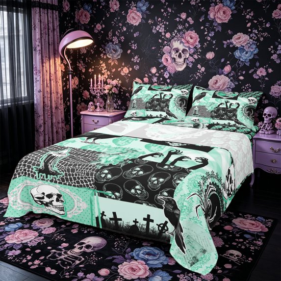 Castle Fairy Goth Floral Skull Queen Sheets 4 Pieces,Spooky Crow Moth Spider Queen Sheet Sets,Green Black,1 Fitted Sheet,1 Flat Sheet and 2 Pillowcases