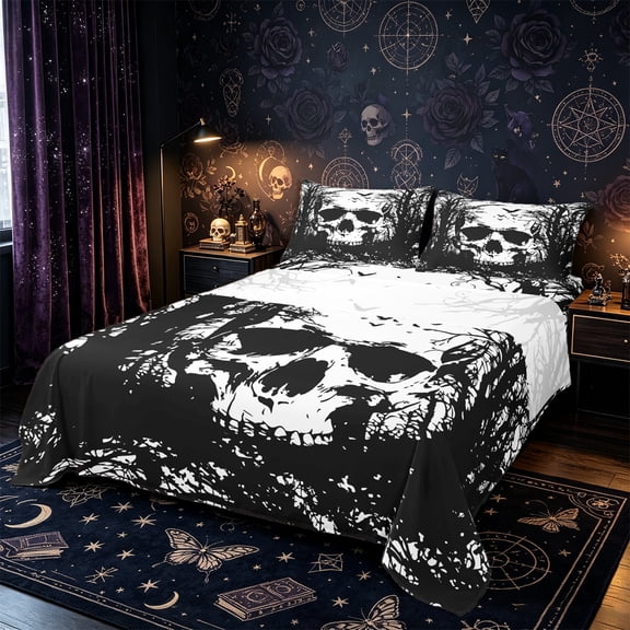 Castle Fairy Gothic Abstract Skull Queen Sheets 4 Pieces,Spooky Jungle Crow Queen Sheet Sets,Black White,1 Fitted Sheet,1 Flat Sheet and 2 Pillowcases