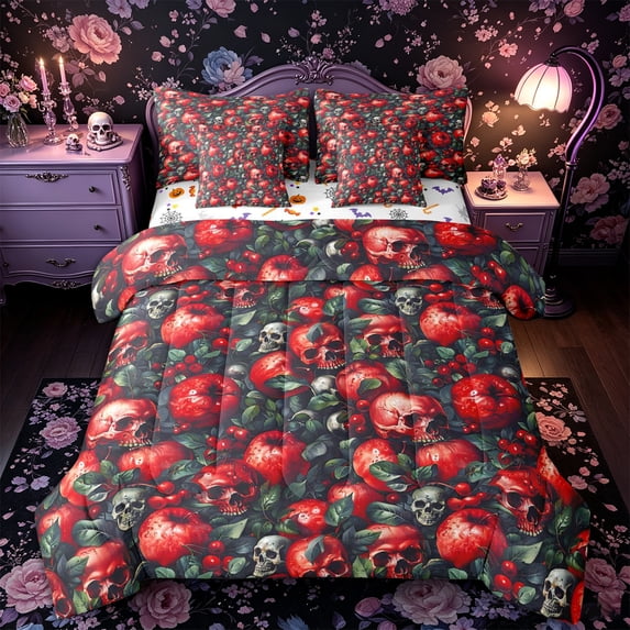 Castle Fairy Gothic Apple Skull Full Size Bedding Sets 7 Pieces,Fruit Berry Happy Halloween Full Size Bed in a Bag,Crimson Green Black,Reversible