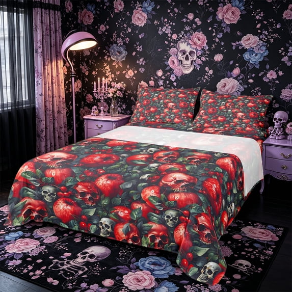 Castle Fairy Gothic Apple Skull King Sheets 4pcs,Fruit Berry Happy Halloween Bedding,Crimson Green Black,1 Fitted Sheet,1 Flat Sheet and 2 Pillowcases
