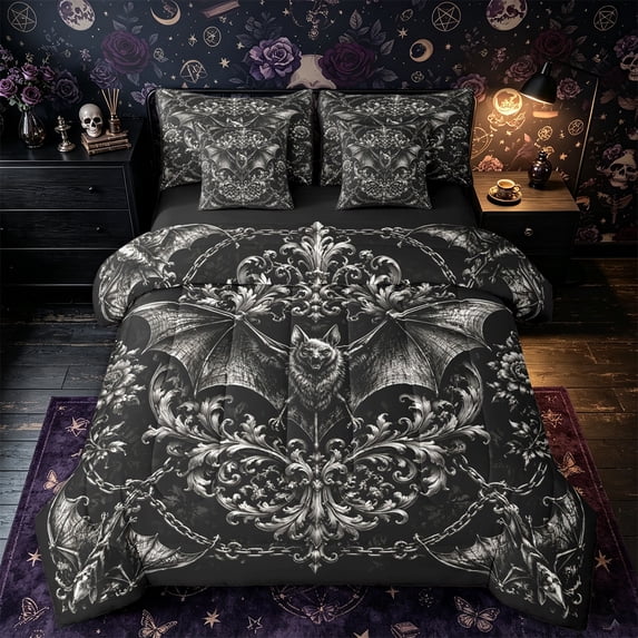 Castle Fairy Gothic Bat Queen Bedding 7pcs,Vintage Flower Damask Bedding Comforter Set Queen,Gray Black,Black Reversible