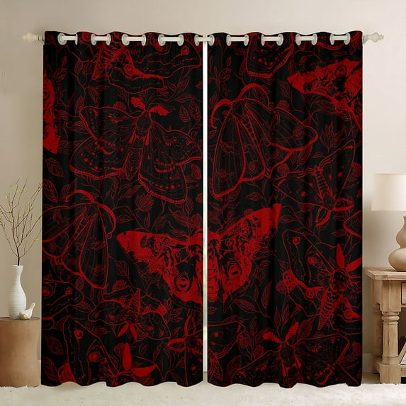Castle Fairy Gothic Black Red Moth Blackout Curtains Set of 2 (52x84 Each) for Boys Girls,Botanical Tree Leaves Window Curtains,Bohemian Vintage Aesthetic Curtains and Drapes,Luxury Bedroom Decor