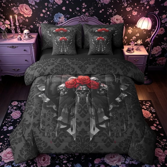 Castle Fairy Gothic Bow Skull 7-Piece Twin Bedding,Rose Lace Damask Background Bedding Comforter Set,Red Gray Black,Black Reversible