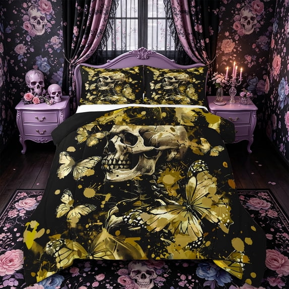 Castle Fairy Gothic Butterfly Skull Full Size Comforter Sets 3-Piece,Halloween Graffiti Splash Bedding Comforter Set,Gold Blacks,1 Comforter and 2 Pillowcases,Black Reversible
